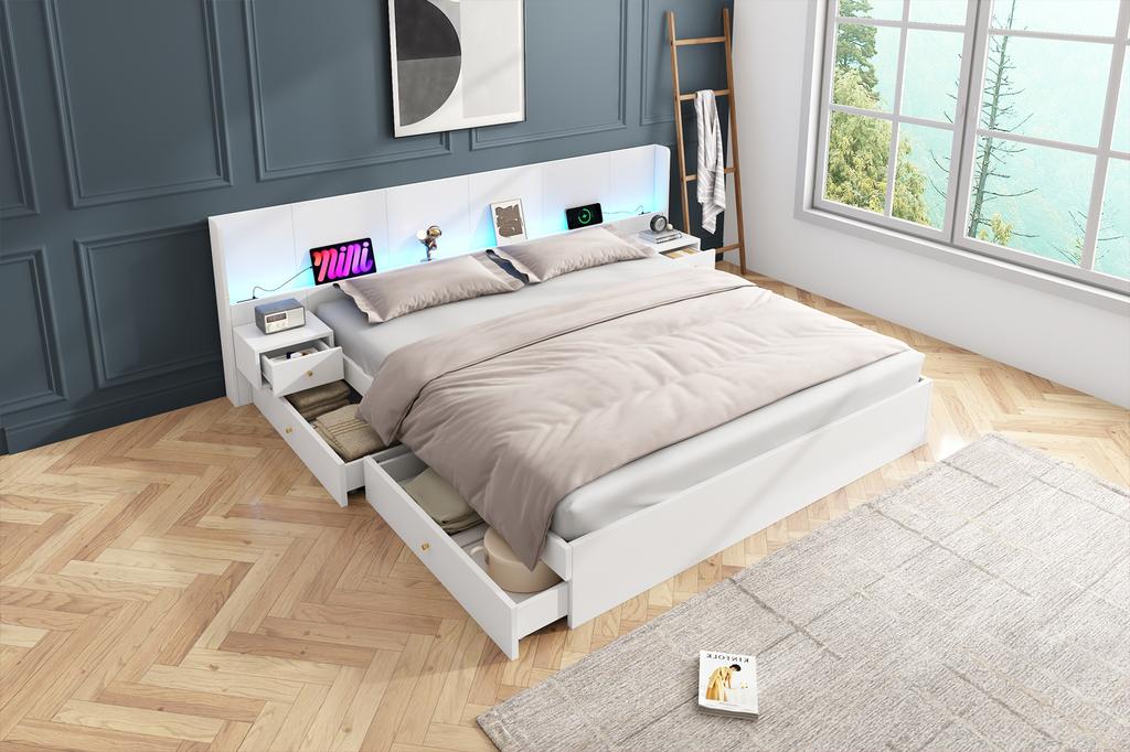Double bed 180*200cm, with USB port, LED lighting and socket, controllable via mobile app, 2 nightstands, with drawer storage, without mattress, white