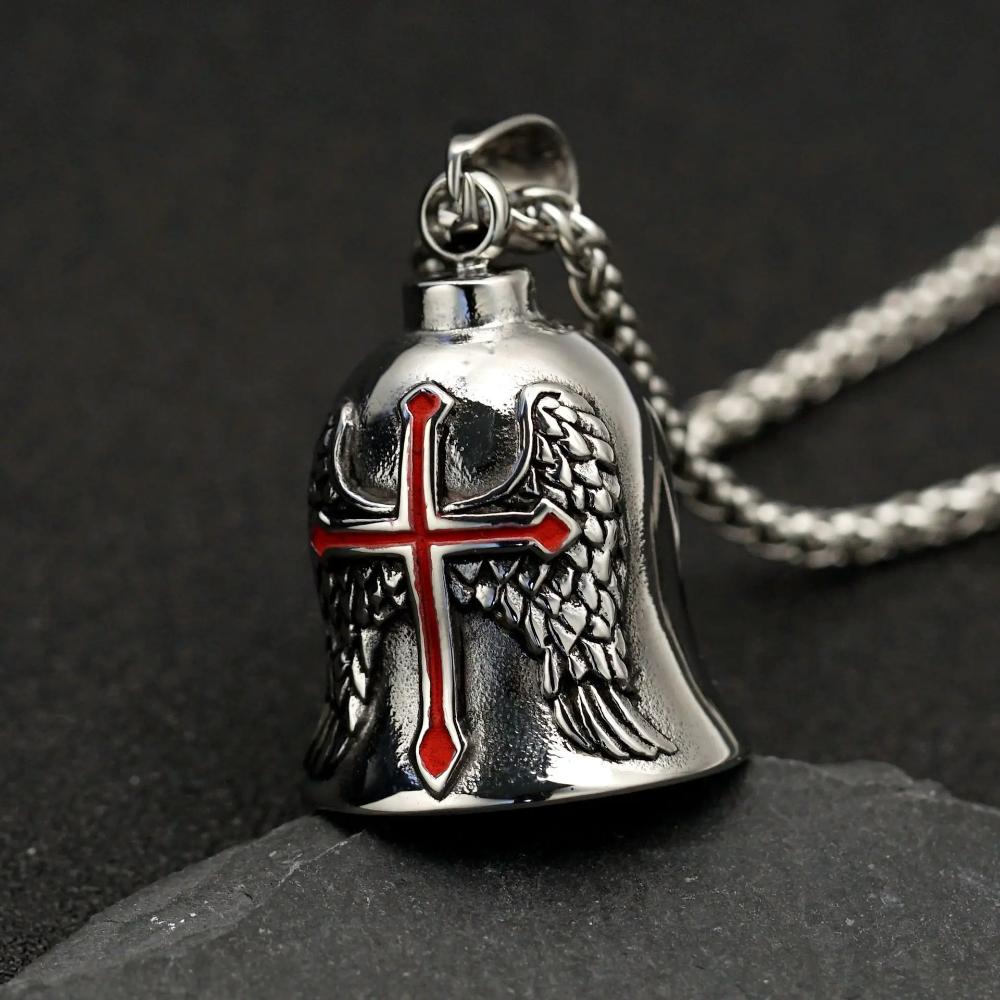 Biker Bell Carved Red Cross Wings Pendant Motorcycle Riding Bell Necklace Personality Men\'s Lucky Amulet Jewelry Wholesale