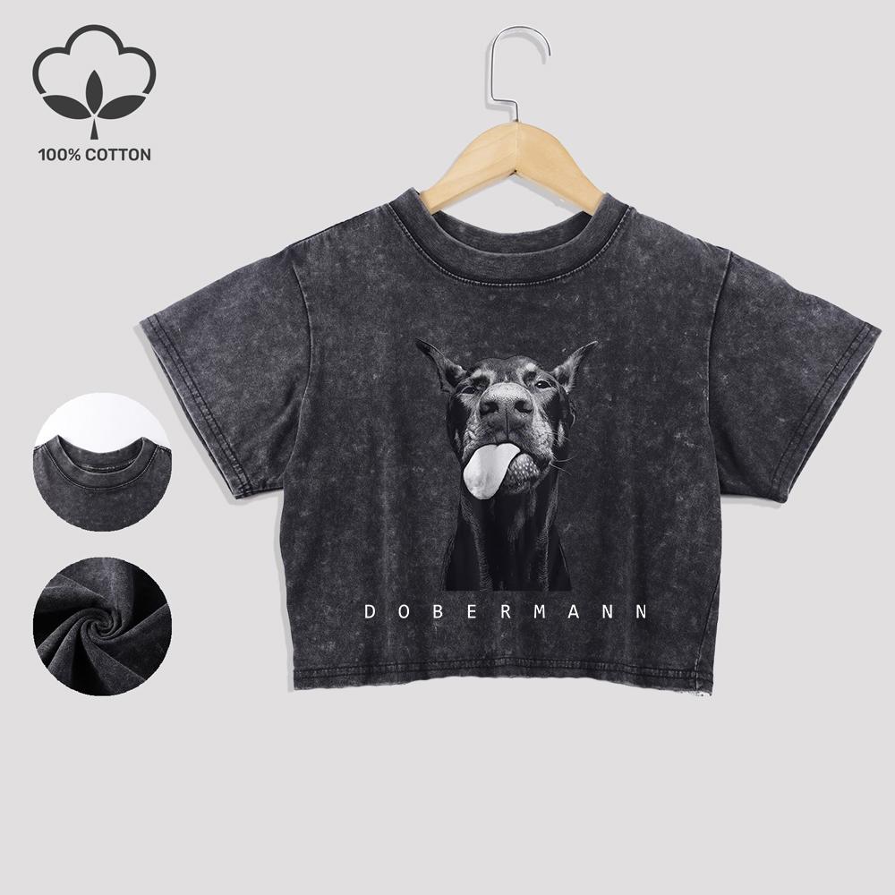 Модная Креативность Принты Добермана Хлопковые Укороченные Футболки Кружевной Подол Выстиранные Футболки Стандартная Посадка Потертые Топы Повседневная Одежда