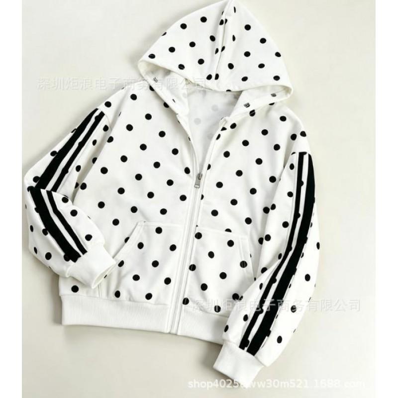 Y2K Dot Print Hooded Zip-Up Oversized Cropped Sweatshirt Women Streetwear