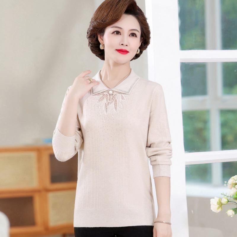 Mom Spring Long-sleeved Top Chinese Manual Translation Collar Knitted Sweater Middle-aged and Elderly Grandma Women's Spring and Autumn Casual Sweater