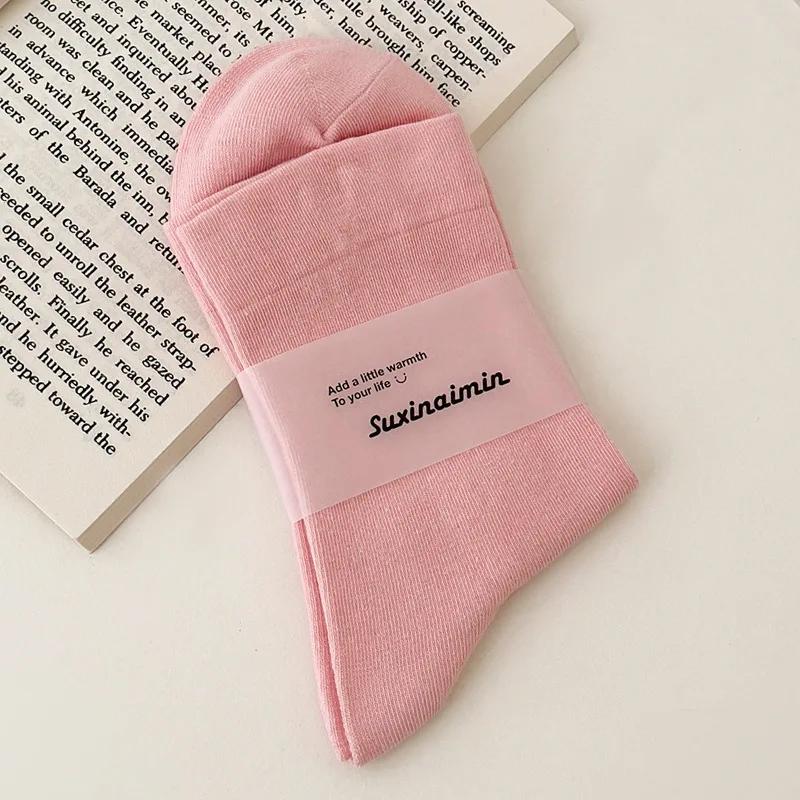 Женская мода Harajuku Streetwear средние носки-трубы японские милые девушки однотонные хлопковые длинные носки