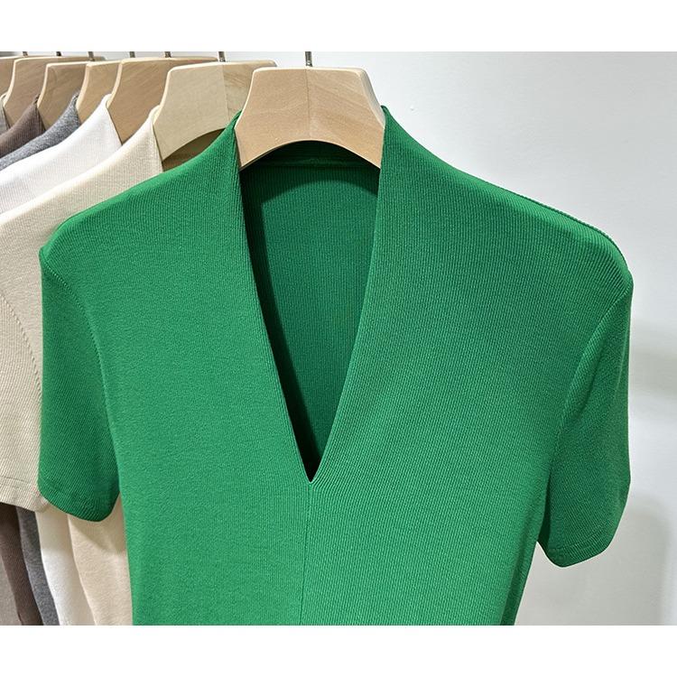 Модная футболка с V-образным вырезом, с короткими рукавами, женская летняя новинка, облегающий топ с рукавами до локтя