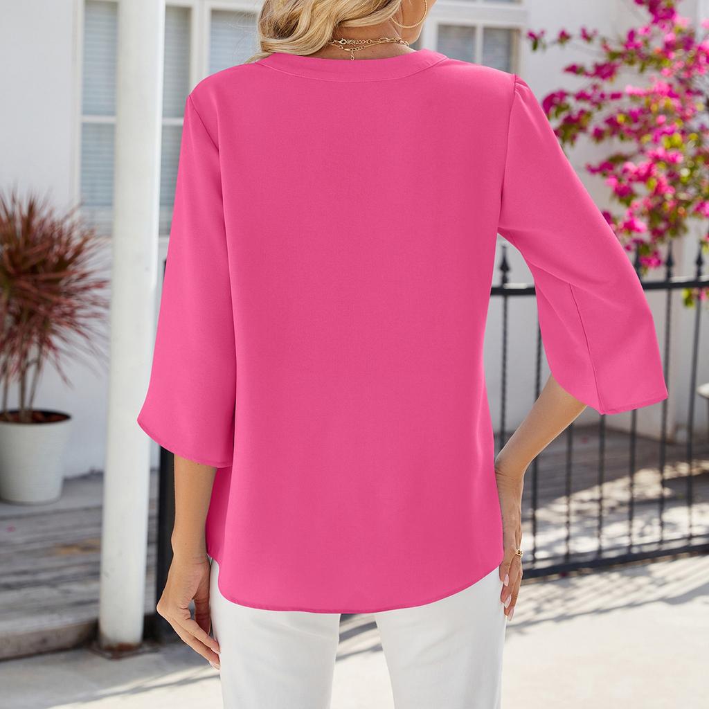Women's New Summer Casual Mid-sleeve Solid Color V-neck Button Top