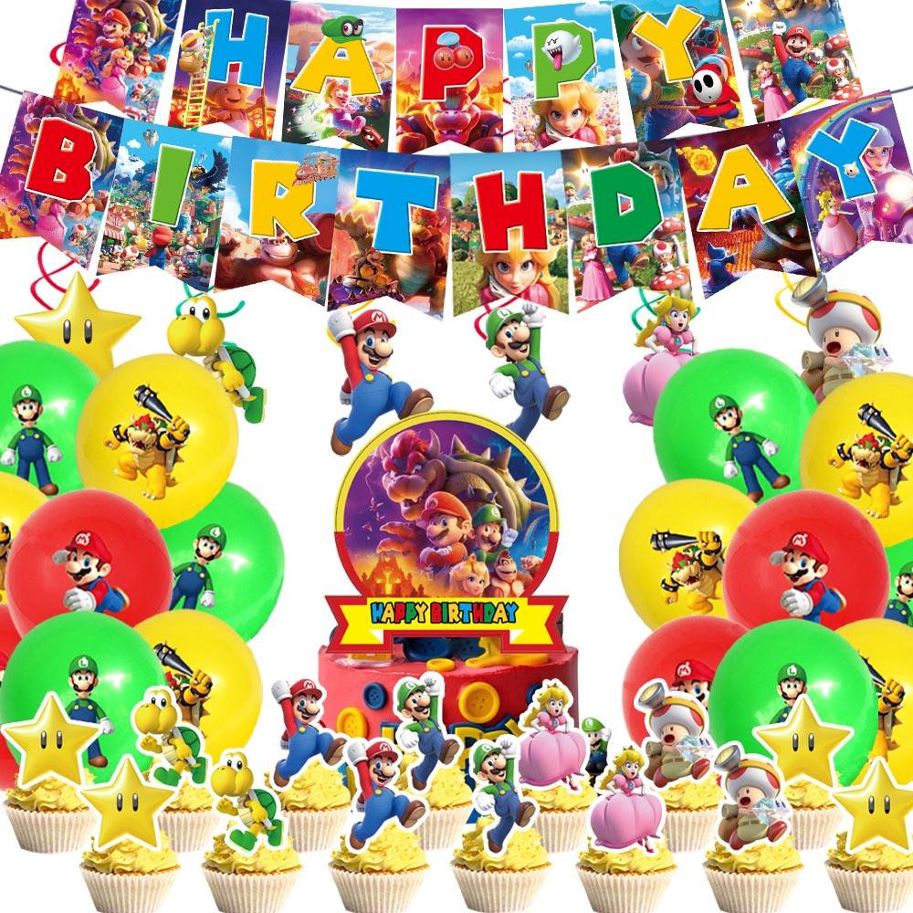 Баннер для украшения детской вечеринки в честь дня рождения по мотивам фильма про Марио, посуда