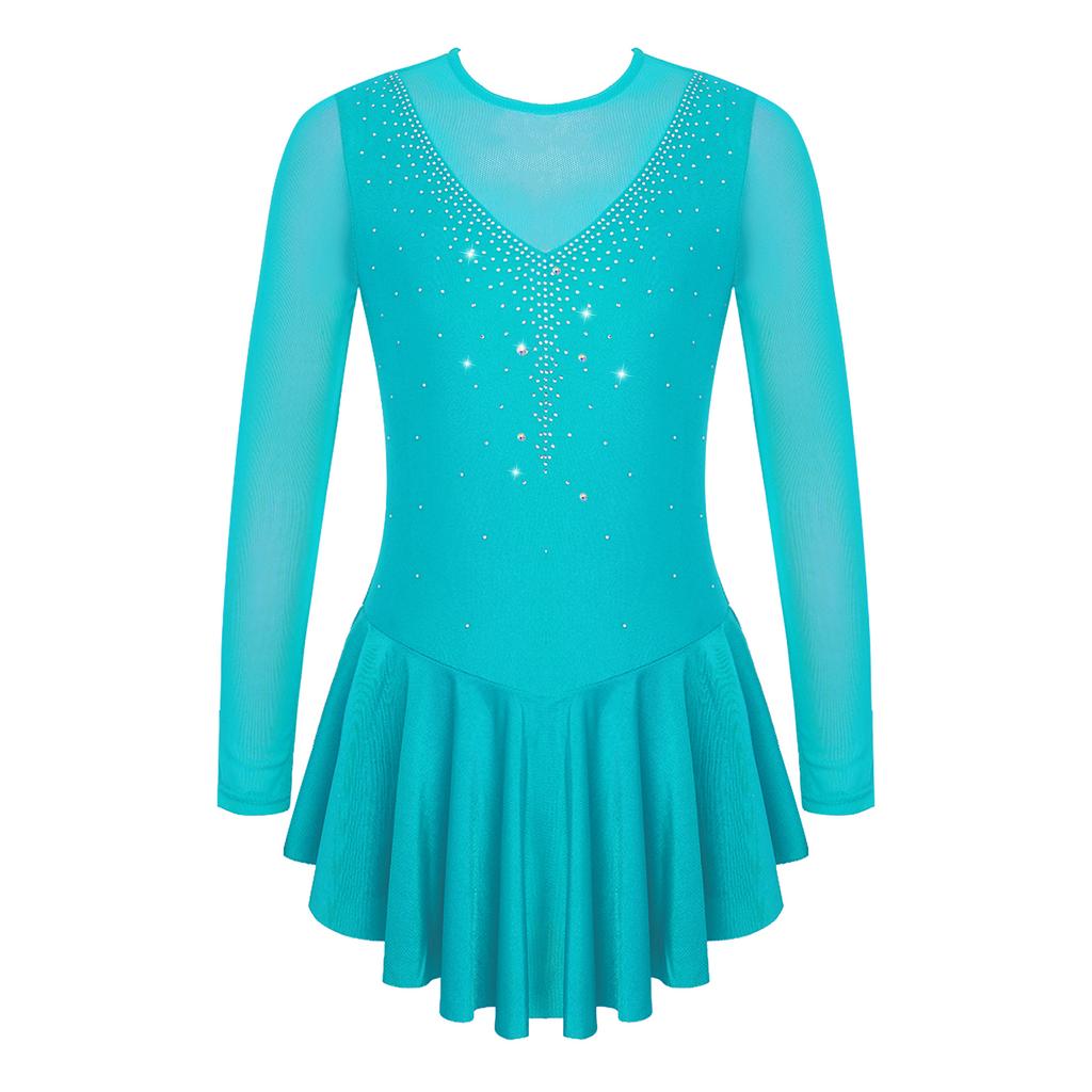 Детское стильное платье для катания на коньках для девочек с длинным рукавом и V-образным вырезом, стразами, лоскутным шитьем, открытой спиной, танцевальная одежда