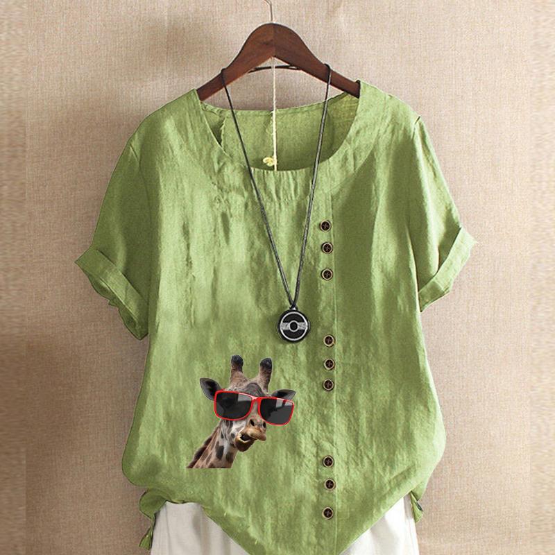 Women's Fashion Giraffe Prined Short Sleeve T-shirt Loose Cotton Shirt Casual Loose Summer Blouse Tops Plus Size