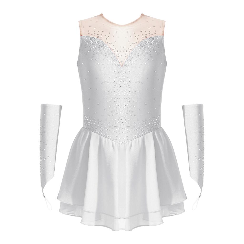 Girls Figure Skating Dress Sleeveless Glittering Rhinestone Keyhole Back with Gloves