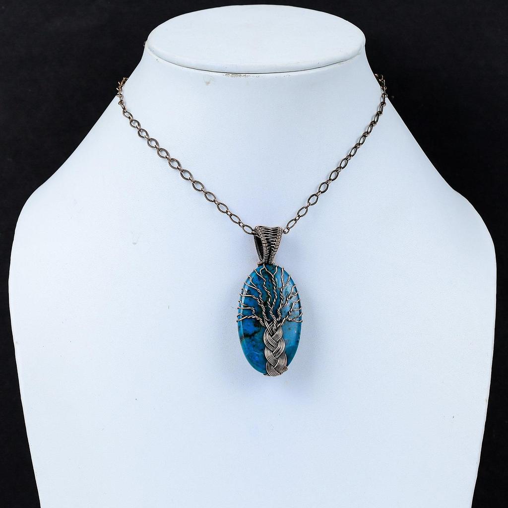 Ослепительное Древо Жизни Синий Азурит Драгоценный Камень Чистая Медная Проволока Обертка Ювелирные Изделия Ручной Работы Подвеска