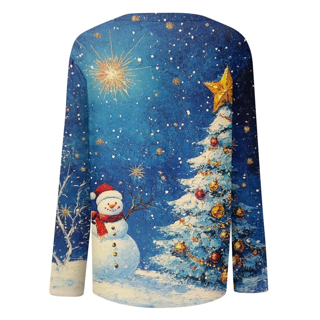 Женская мода круглый вырез пуловер с глубокими рукавами футболка с рождественским принтом топ