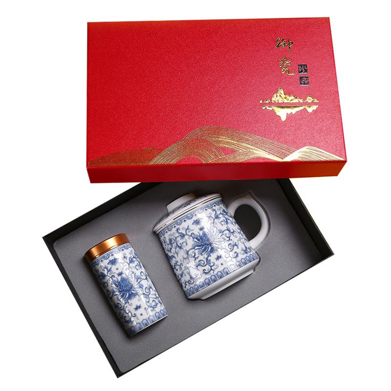 Enamel color blue and white office cup with lid filter tea separation tea office cup exquisite gift box customer gift