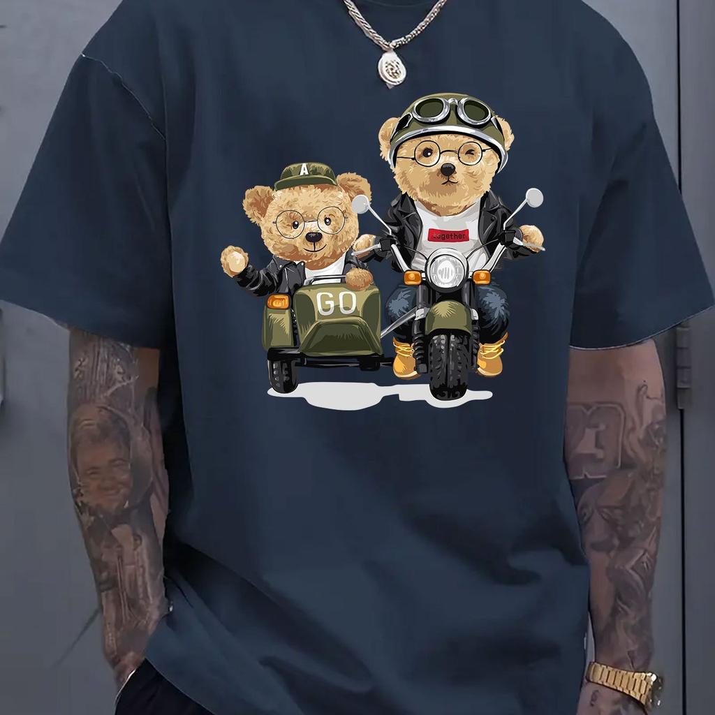 Летние мужские футболки из 100% хлопка, модные, повседневные, спортивные, свободного кроя, с принтом мультяшного медведя, с круглым вырезом и короткими рукавами