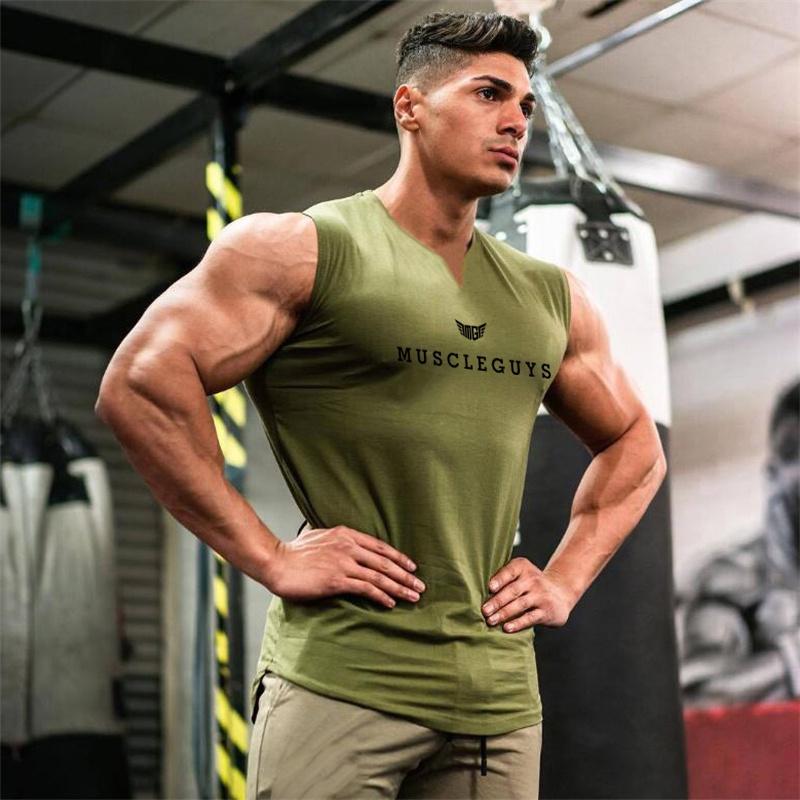 Gym T-shirt Men's Cotton V-neck Fitness Workout Tight Sleeveless T-shirt Men's Bodybuilding Sports T-shirt Top Summer Clothing