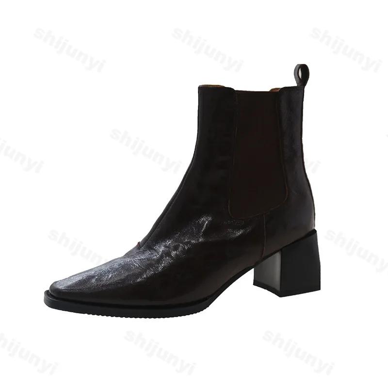 Ботильоны на высоком каблуке, женская обувь, модные ботильоны с острым носком, 2024, новый тренд, толстые каблуки, челси, женские кожаные короткие ботинки