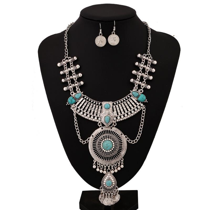 Ethnic Style Simulation Gemstone Decoration Women Necklace And Earring Set For Women