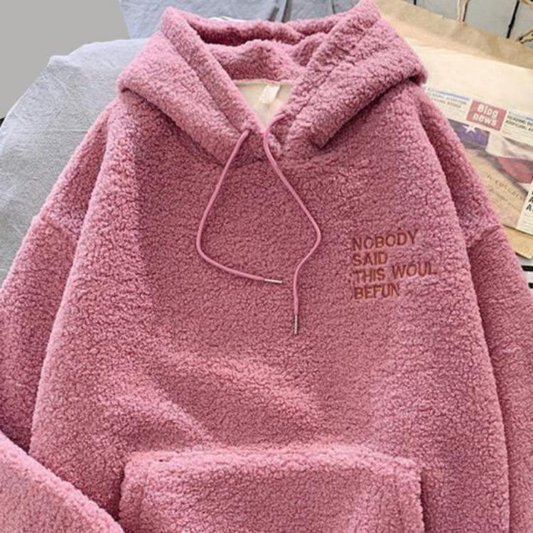 Women Fleece Hoodie Warm Winter Loose Pullover Long Sleeves Thick Letter Embroidery Top Elastic Cuff Drawstring Patch Pocket Fall Fashion