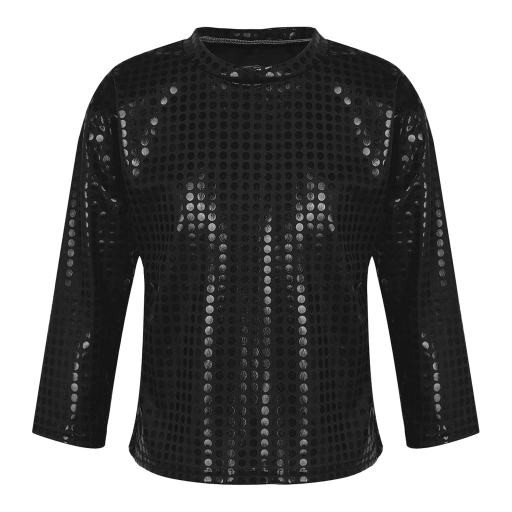Boys Girls Stage Performance Top Long Sleeve Round Neck Glitter Sequins Solid Color Shirt for Dance Events