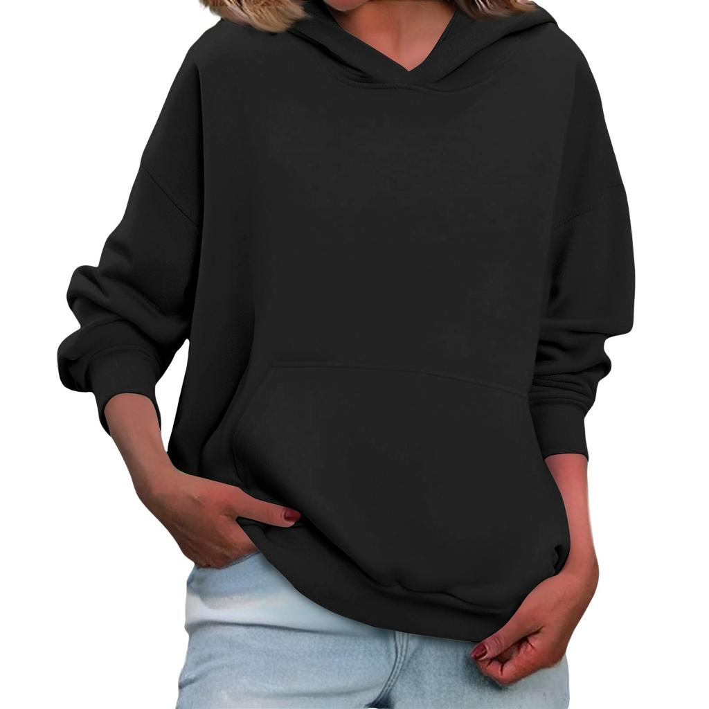 Women's Loose Long Sleeved Solid Color Casual Fleece Pullover Hooded Sweatshirt