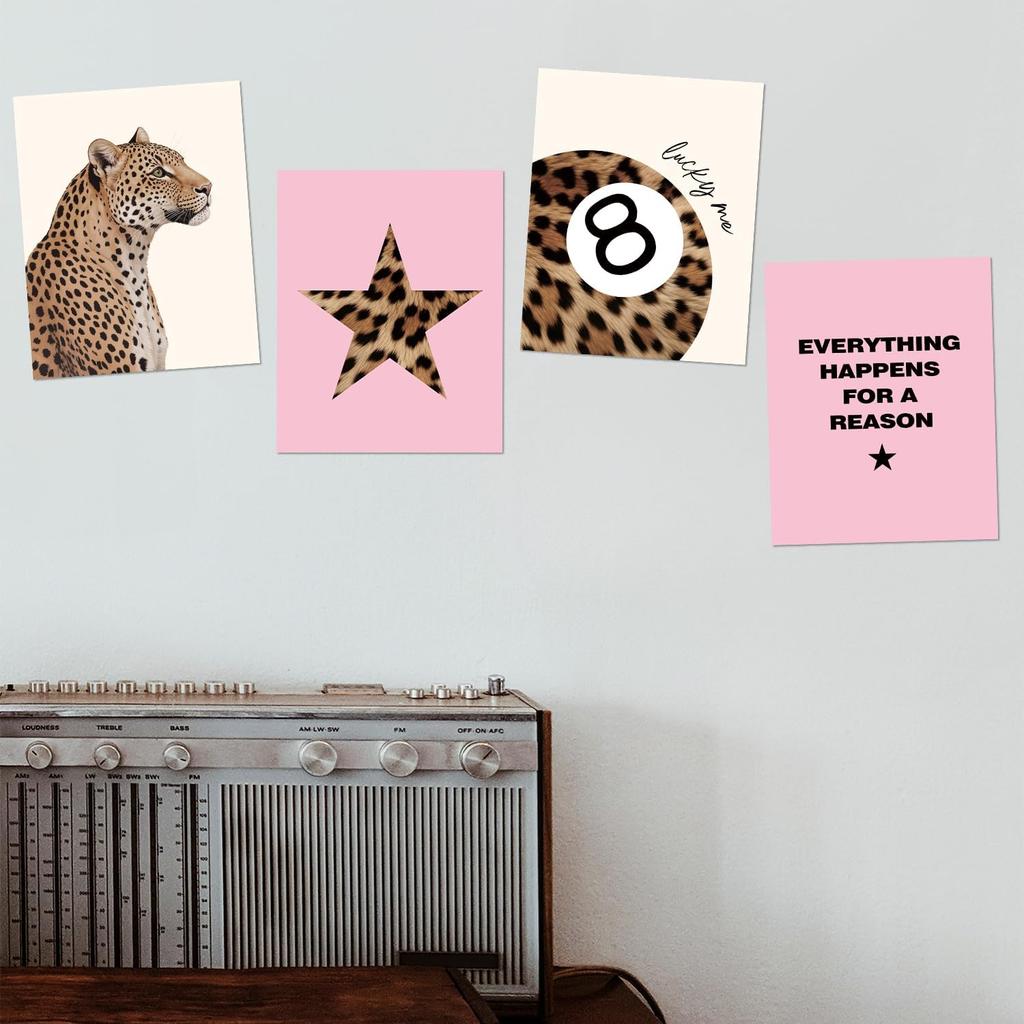 DSHFG Преппи Розовые Картинки с Принтом Гепарда Декор Стен, Модные Постеры с Гепардом Леопардом 8 Шаров Декор Комнаты Y2k, Фанковое Настенное Искусство для Подростка Девочки в Спальню