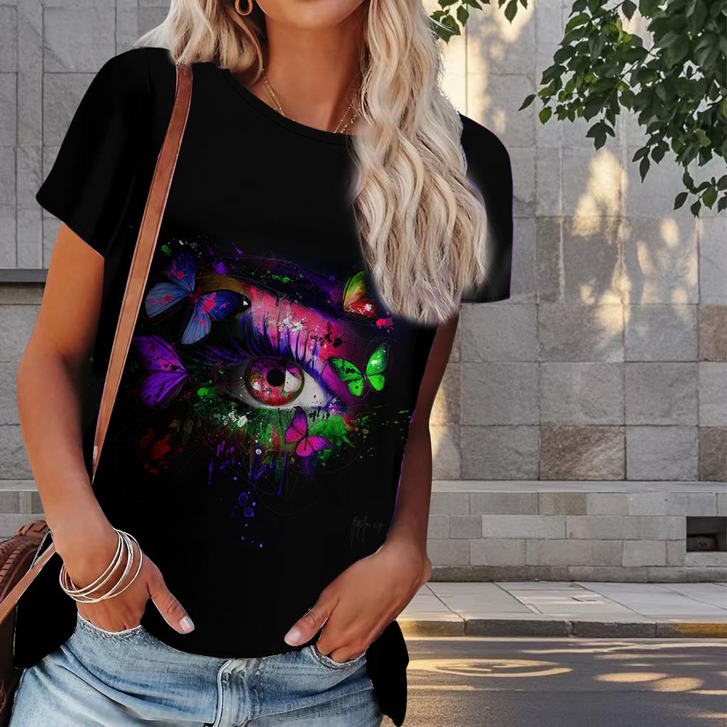 Women Summer T Shirt Eye Print Retro Fashion Short Sleeve Tees Casual   Printed  Tops