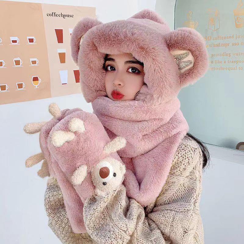 "Women's Winter Little Bear Hat, Scarf, and Gloves Set - Stylish and Warm"