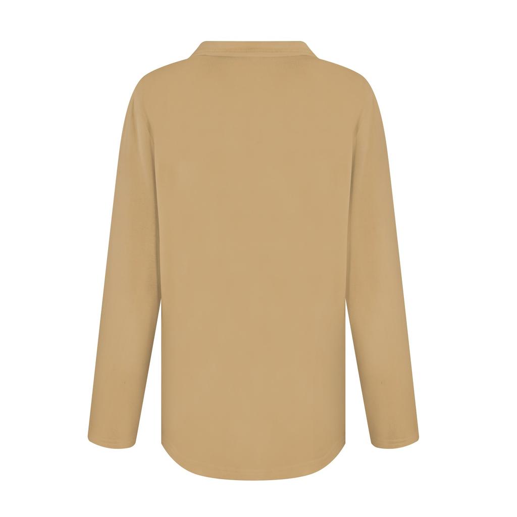 Женская мода однотонная рубашка с воротником на пуговицах и V-образным вырезом, длинным рукавом, свободная рубашка