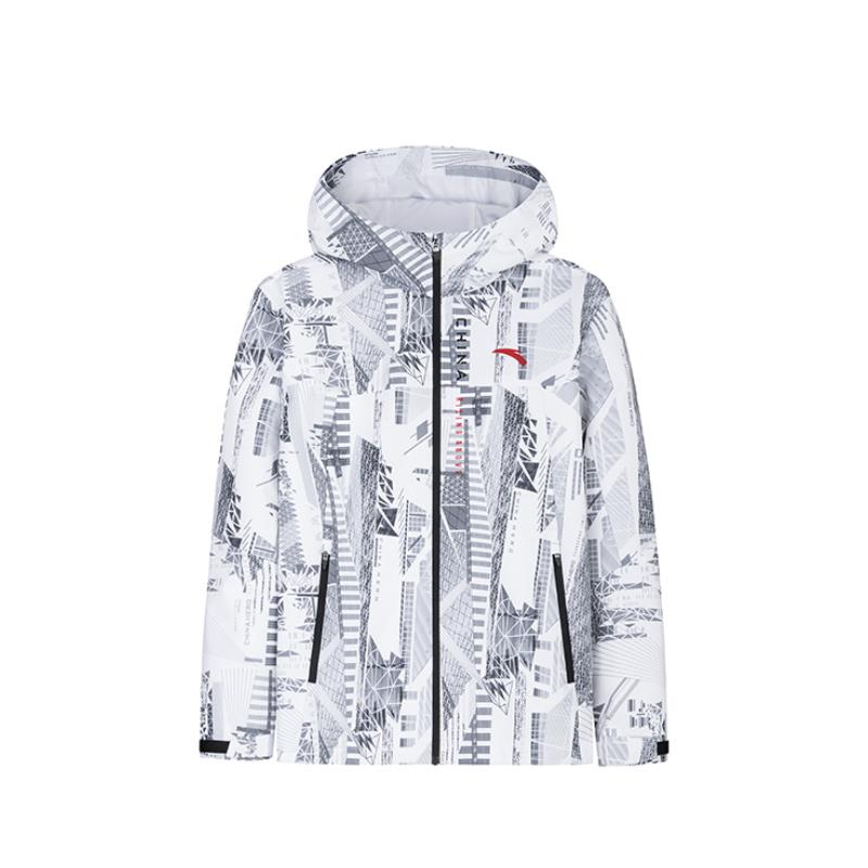 Anta Удобная дышащая спортивная ветровка с капюшоном и застежкой-молнией с полным принтом, мужская верхняя одежда, чисто-белый цвет 152427617-4