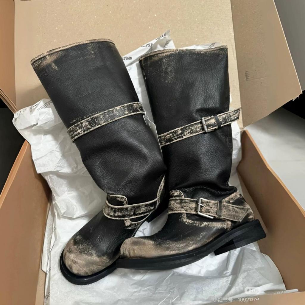 Cowhide Version~ Genuine Leather Polished Heavy Industry Old Stacking Boots Women's Belt Buckle Two Wear Retro Style Knight Boots Outdoor Boots