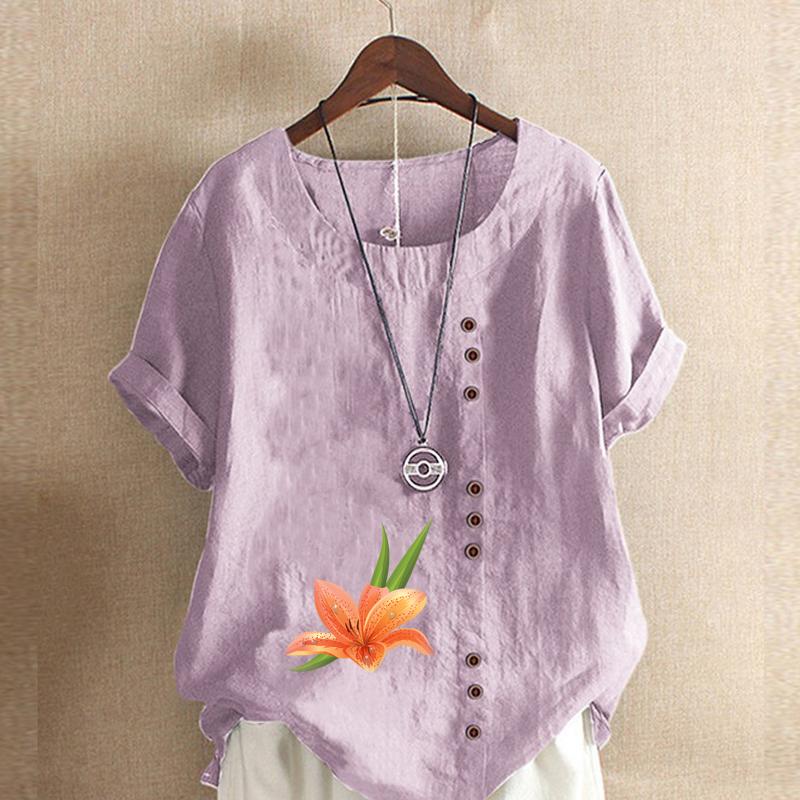 Women's Fashion Round Neck Short Sleeve T-shirt Casual Cotton Linen Graphic Shirt Flower Prined Summer Blouse Tops Plus Size