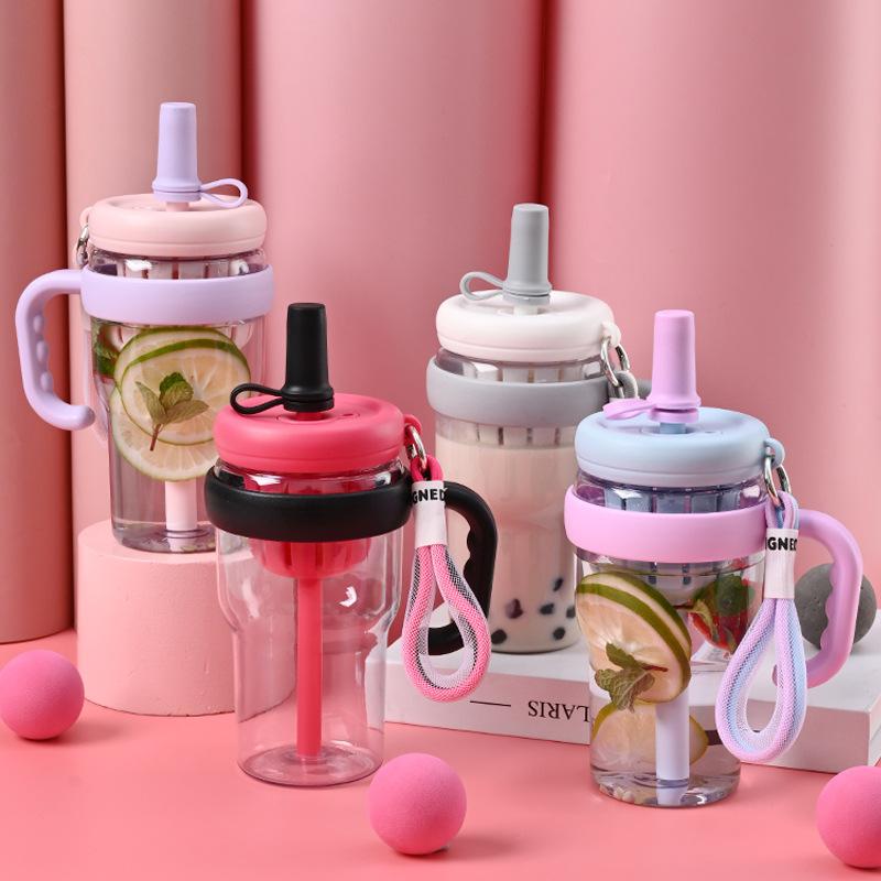 16.3oz Colorful Water Cup With Tea Infuser Straw Portable Outdoor Sports Bottle With Lanyard Isolating Chamber Design for Summer