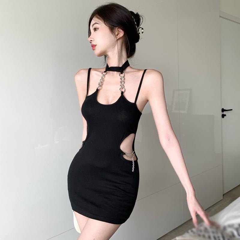 Женское облегающее платье с открытой спиной и висящим вырезом на шее, мини-платье с кружевным ремешком