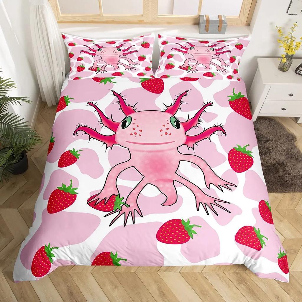 Strawberry Duvet Cover SetRed Strawberry Bedding Set For Girls Cute Black White Geometric Plaid Grid Comforter Cover Full Size