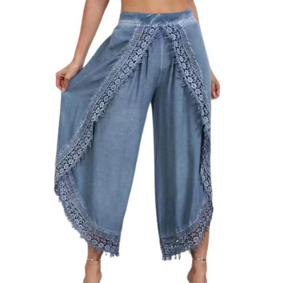 Широкие брюки с высокой талией девятой длины, однотонные женские повседневные брюки с кружевной отделкой, женская одежда