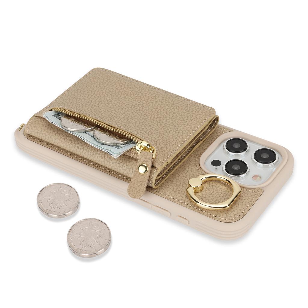 Чехол для iPhone 14 Pro с карманом для карт, кольцом-подставкой, из ПУ кожи+ТПУ, чехол для телефона с плечевым ремнем