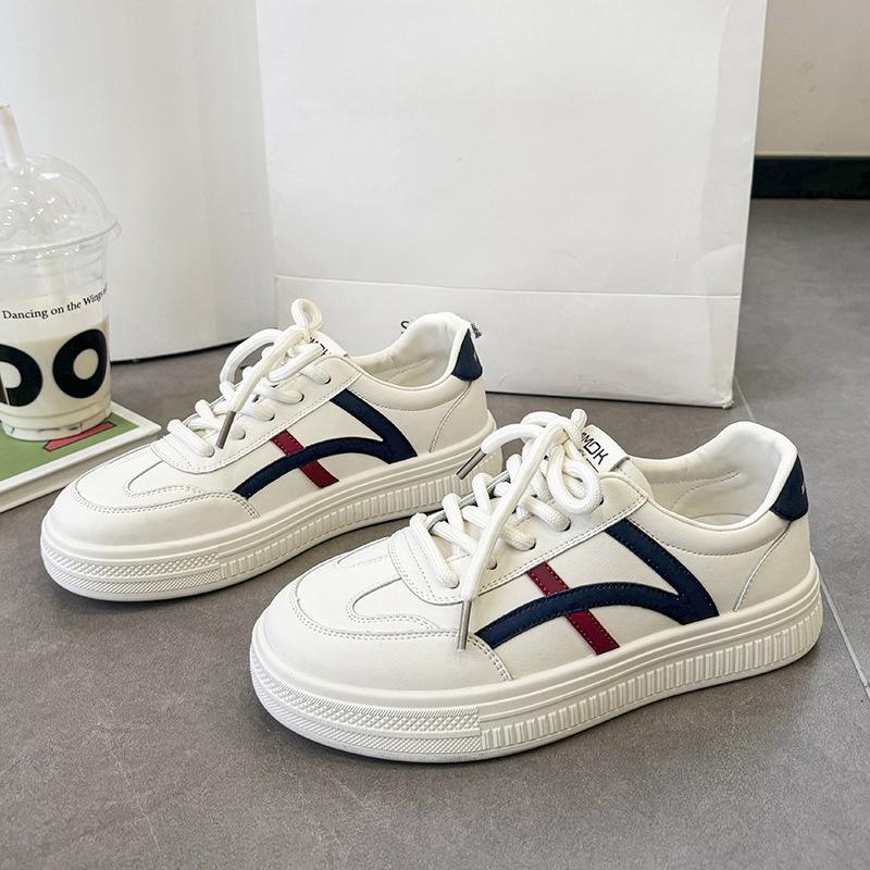 Women's White Shoes New Fashion Sports and Leisure Lace-up Flat All-Match Thick Bottom Color Matching Comfortable Board Shoes