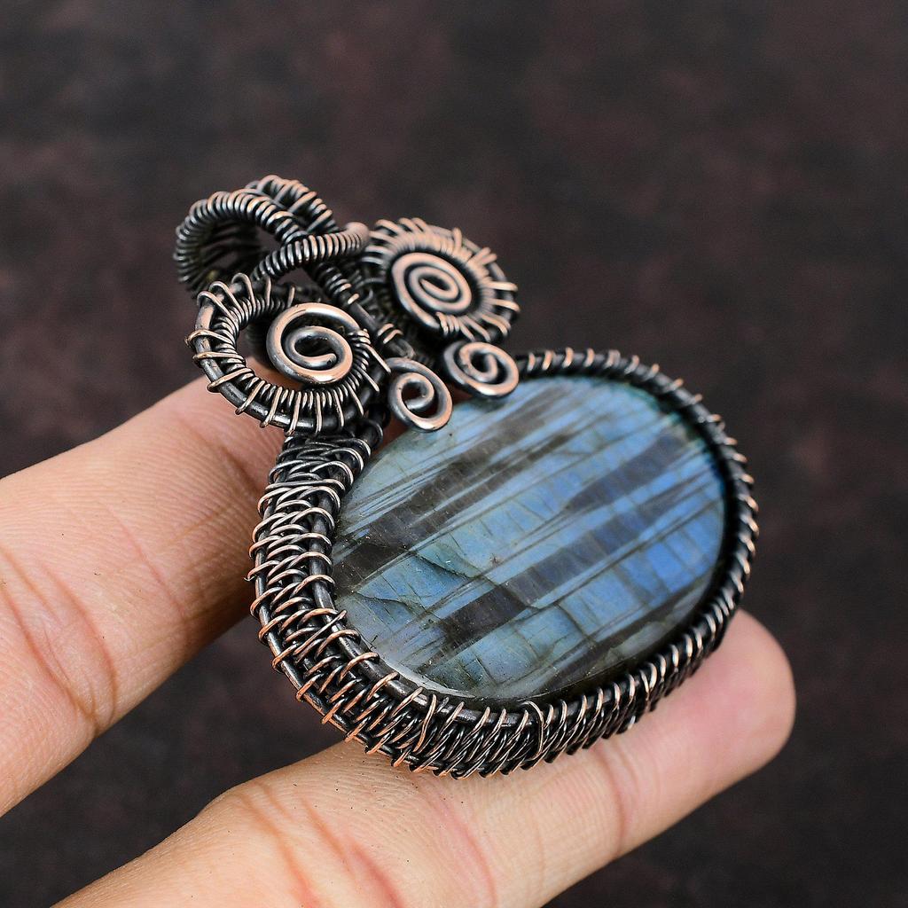 Кулон из натурального драгоценного камня лабрадорит, обернутый медной проволокой, ювелирное изделие ручной работы, медный кулон, лабрадорит, ювелирное изделие для подарка, лечебный камень