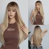 Brown Blonde Ombre Synthetic Wig with Bangs for Women Golden Long Straight Cosplay Daily Use Wigs Heat Resistant Natural Hair