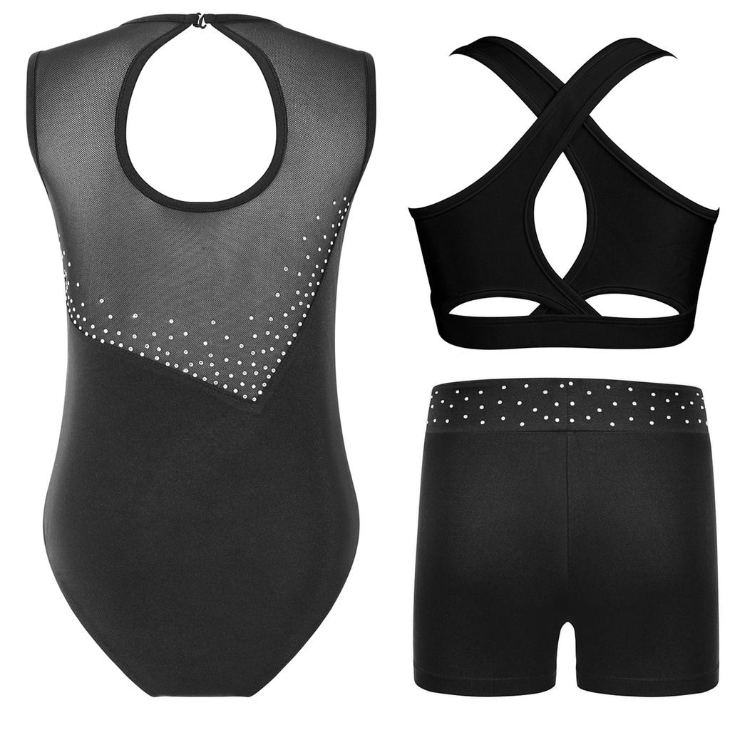 Girls Sleeveless Dance Set Shiny Rhinestone Contrast Color Gymnastics Leotard with Shorts and Top