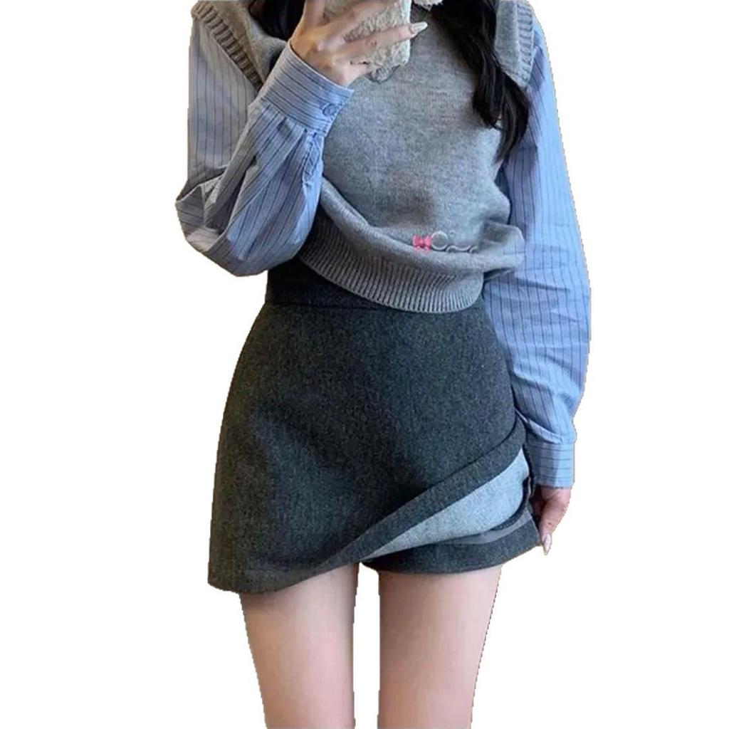 Korean Style Gray Wool High-Waist Skirt with Elastic Waistband - Versatile, Slimming, Bodycon Design