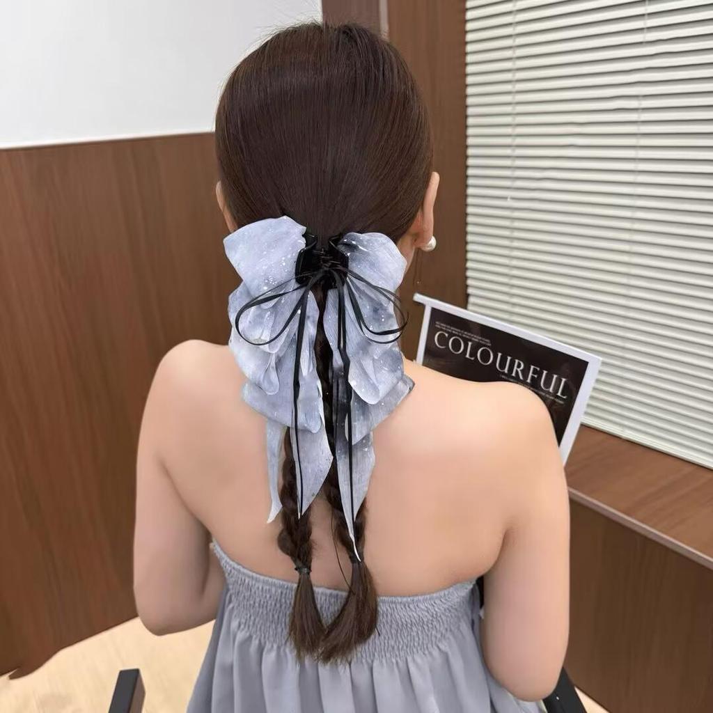 Large Summer Lace Edge Bow Claw Clip Hair Accessory for Women - Multi-Layer Feather Design
