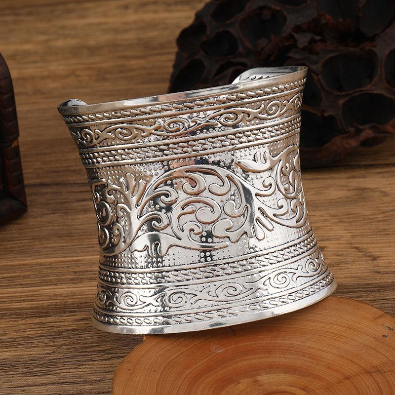 Wide Concave Bracelet Vintage Miao Silver Pattern Bohemian Bracelet Female Personality Exotic Bracelet Accessories