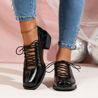 Женские модные ботильоны до щиколотки с квадратным носком и блочным каблуком - Черные, На шнуровке, До середины икры, Синтетические, Стильные для всех сезонов, От повседневной до полуформальной одежды