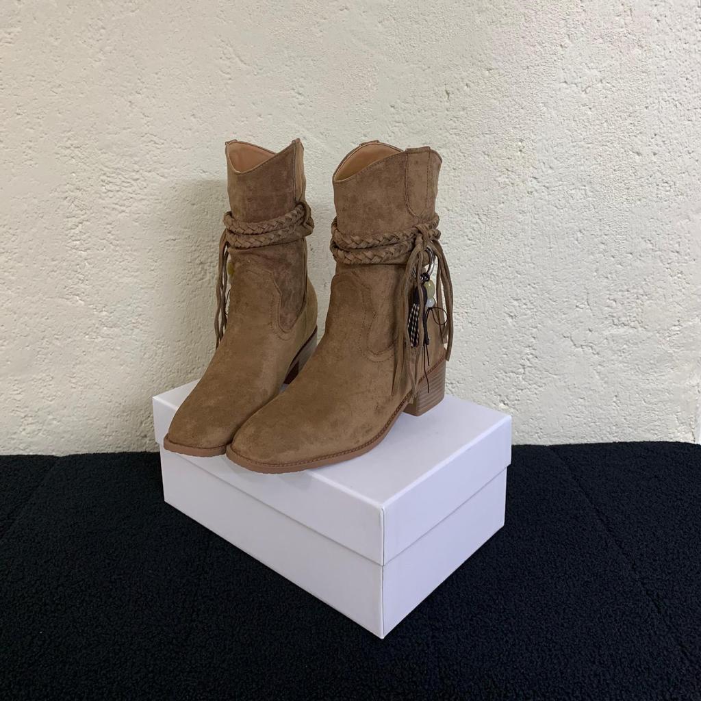 2025 осень и зима новые женские ботинки на толстом каблуке с кисточками, квадратный носок, внутренняя платформа, ковбойские ботинки в западном стиле, высокий каблук, рыцарские ботинки средней высоты