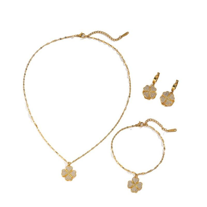 Elegant Four Leaf Clover Jewelry Set Women Gold Plated Stainless Steel Necklace Bracelet Earrings With Water Wave Chain