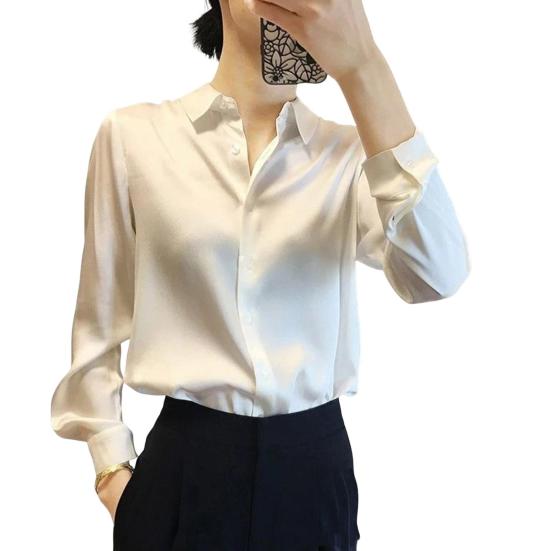 Женская рубашка с лацканами, длинный рукав, блестящая ткань, официальная рубашка, застежка на пуговицы, однотонная гладкая деловая рубашка для свиданий