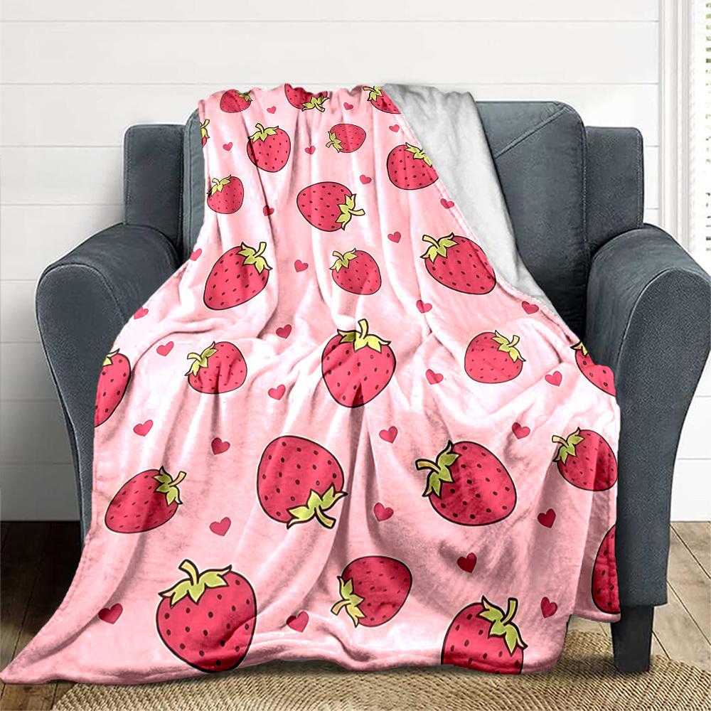 1pc Strawberry Heart Lightweight Flannel Blanket, Comfortable and Warm Blanket, for Office and Camping Sofa Bed037