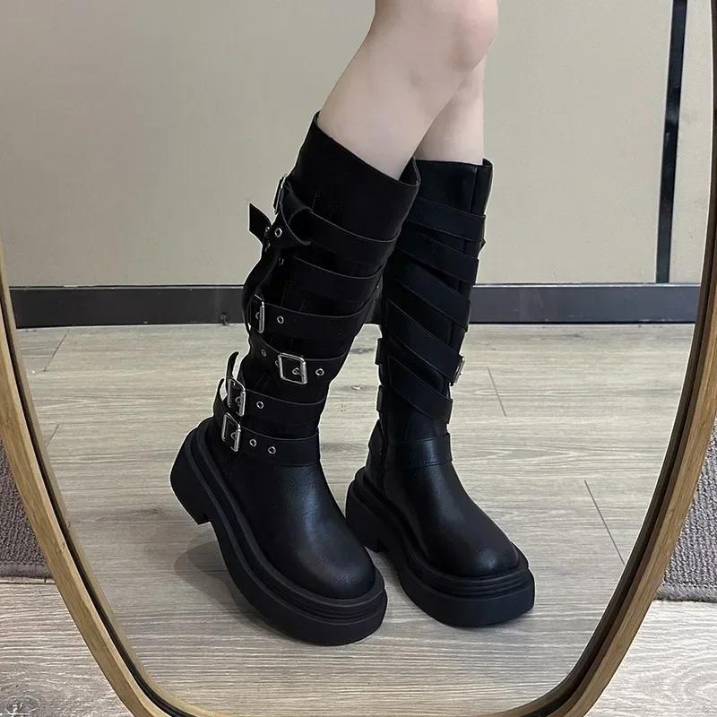 Мода 2024 Модная обувь для женщин Женские ботинки на молнии сбоку Зимние ботинки с круглым носком Однотонные ботинки-чулки на платформе и массивном каблуке Рыцарские ботинки