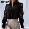 Women's Fashion Casual Summer Solid Color Print Lace Stitching Long Sleeve Lapel Loose Blouses & Shirts