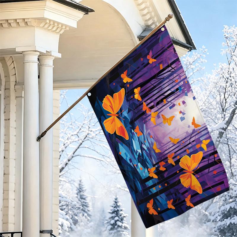 2D Flat - 2D Flat - 1pc 2D Flat, Decorative Flag, Dreamy Forest Orange Butterfly Artistic Pattern Flag, Oil Painting Texture Gradient Hanging Canvas,