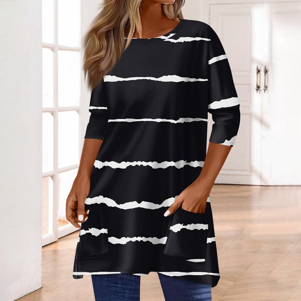 3/4 Sleeve Pocket Tops For Women T-Shirt Casual Print Mid-length Tops T Shirt Round Neck Pullover  Blouse